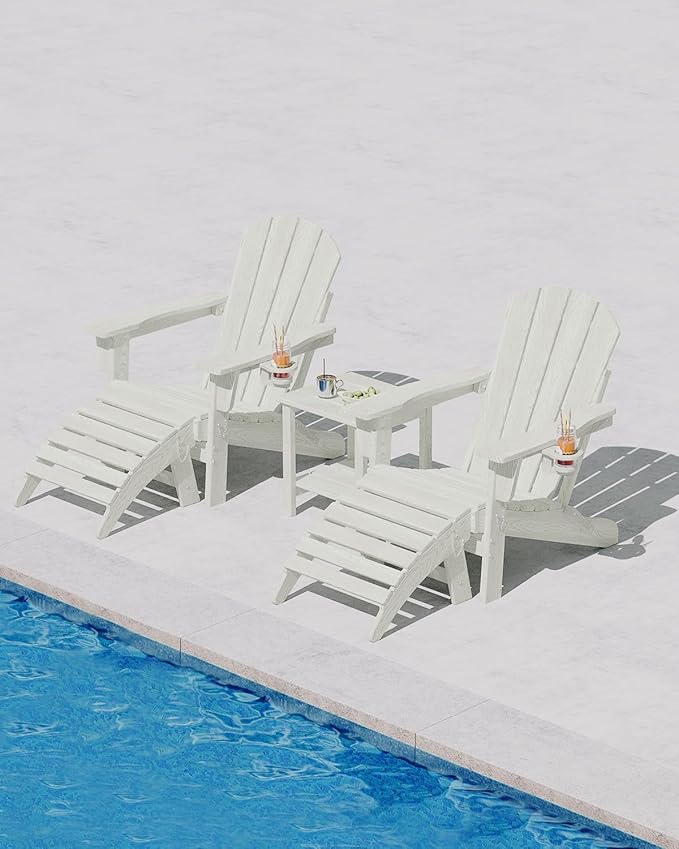 Garvee Folding Adirondack Chair Set of 4 with Ottoman, HDPE Outdoor Patio Chair with Cup Holder, All Weather Resistent Wooden Textured for patios, Decks, Gardens, fire Pit, White