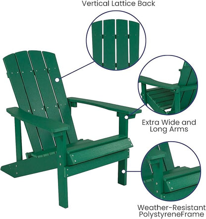 Flash Furniture Charlestown Commercial Grade Indoor/Outdoor Adirondack Chair, Weather Resistant Durable Poly Resin Deck and Patio Seating, Green