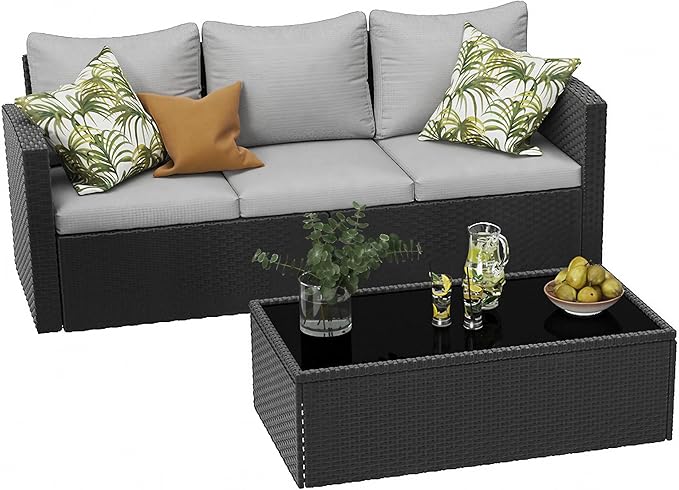 SUNVIVI OUTDOOR Outdoor Patio Couch with Coffee Table, All Weather PE Wicker Rattan Patio Sofa with Upgraded Cushions, Outdoor Furniture for Lawn Backyard Poolside Porch Garden, Gray