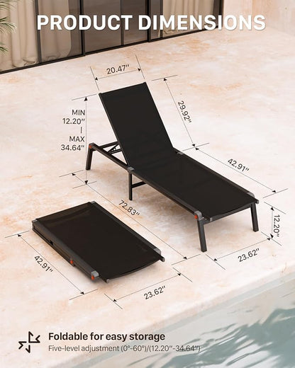 Aluminum Chaise Foldable Patio Lounge Chair Outdoor, Metal Deck Lounger Adjustable 5-Position Recliner Pool Chase Breathable Full Flat Outside Sun Tanning Chairs for Beach/Poolside/Lawn(Black, 2 Pack)