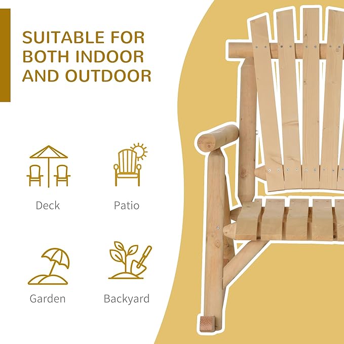 Outsunny Outdoor Wooden Rocking Chair, Single-Person Rustic Adirondack Rocker with Slatted Seat, High Backrest, Armrests for Patio, Garden and Porch, Natural