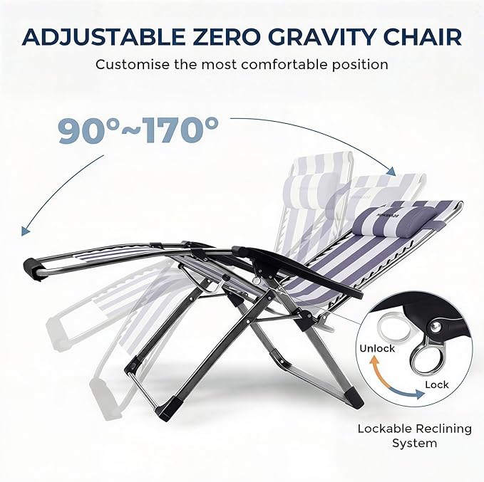 HOMSHADE XXL Zero Gravity Chair with Cushion, 33In Oversized Zero Gravity Lounge Chair, Patio Outdoor Recliner Chair for Indoor Outdoor with Headrest, Cup Holder, Footrest Support 500Lbs, Blue & White