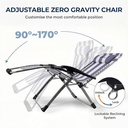 HOMSHADE XXL Zero Gravity Chair with Cushion, 33In Oversized Zero Gravity Lounge Chair, Patio Outdoor Recliner Chair for Indoor Outdoor with Headrest, Cup Holder, Footrest Support 500Lbs, Blue & White
