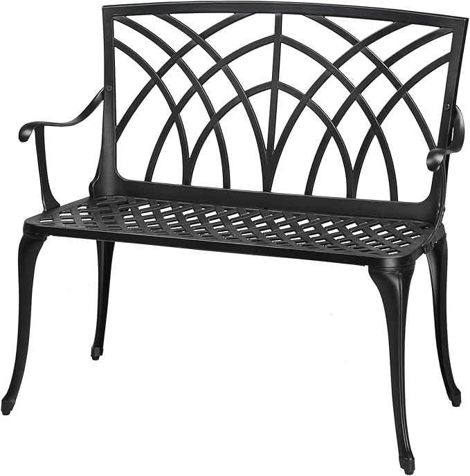 38" Outdoor Garden Bench, Black Cast Iron Cast Aluminium Solid Frame,Accented Yard Front Porch Patio Outside Park Decor Deck Furniture