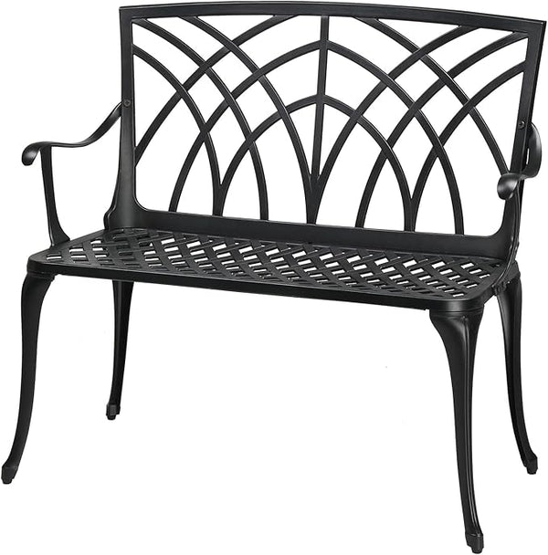 38" Outdoor Garden Bench, Black Cast Iron Cast Aluminium Solid Frame,Accented Yard Front Porch Patio Outside Park Decor Deck Furniture