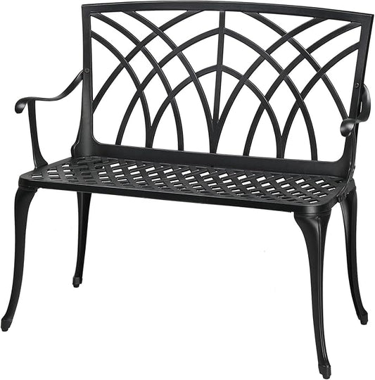 Outvita Outdoor Cast Aluminium Bench, 38" Weather Resistant Patio Bench with Orchid Pattern for Front Porch, Backyard, Lawn