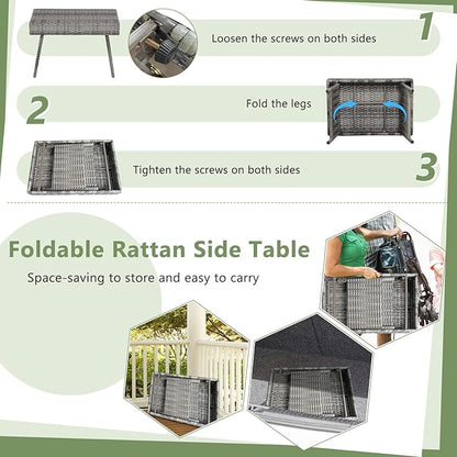 HAPPYGRILL Outdoor Wicker Table Folding Rattan Standing Coffee Side Table for Patio Lawn Bistro Poolside Garden