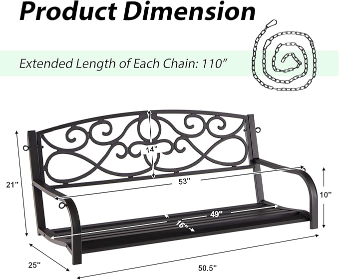 Giantex Metal Porch Swings 2 Person Outdoor Hanging Garden Bench with Sturdy Chains, Wide Seat & Curved Armrests - Photo 7