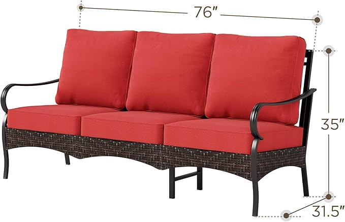 Wicker & Metal Outdoor Patio Couch, 3-Seat Patio Sofa with Deep Seating for Front Porch, Deck, Balcony, Backyard - Photo 7