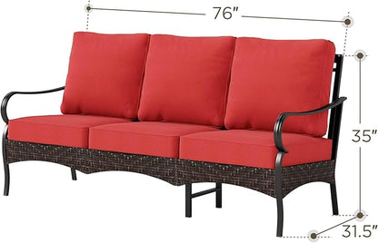 Wicker & Metal Outdoor Patio Couch,3-Seat Patio Sofa with Deep Seating for Front Porch, Deck, Balcony, Backyard, Sunroom,Red