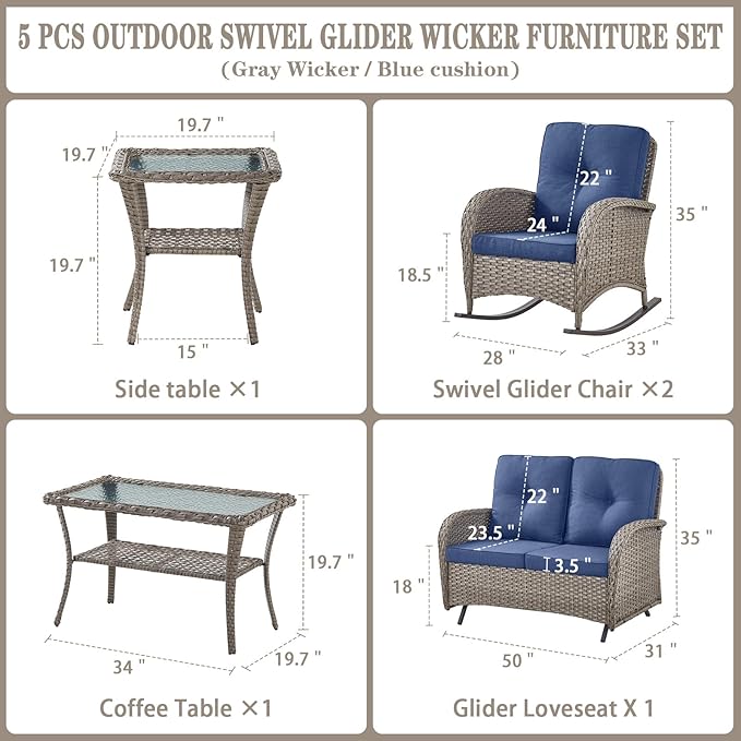 Belord 5 Piece Outdoor Conversation Patio Furniture Set - All-Weather Wicker Patio Rocking Chairs with Loveseat Glider - Photo 2