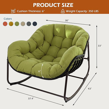 Papasan Rocking Chair Indoor & Outdoor, Oversized Egg-Shaped Papasan Rocker with Cushion & Pillow, All-Weather Wicker Patio Lounge Chair for Garden, Porch, Living Room (Green)