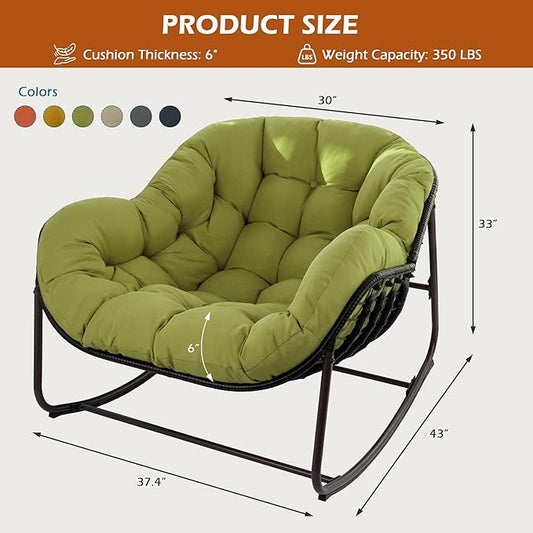 Papasan Rocking Chair Indoor & Outdoor, Oversized Egg-Shaped Papasan Rocker with Cushion & Pillow, All-Weather Wicker Patio Lounge Chair for Garden, Porch, Living Room (Green)