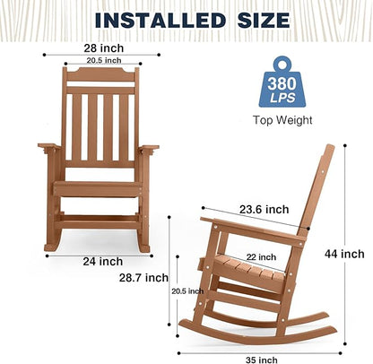 Rocking Chairs Set of 2, All Weather Resistant Poly Lumber Outdoor Porch Rocker, Rocking Chairs for Outdoor, Indoor, Patio, Deck, Garden, Backyard, Load Bearing 380 lbs - Teak