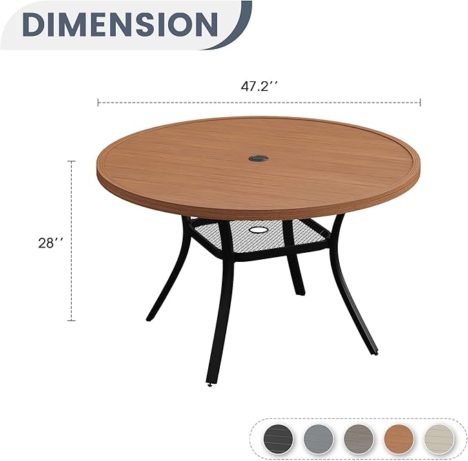 VICLLAX Round Patio Dining Table for 4-6, Outdoor Metal Dining Table with Umbrella Hole for Deck Lawn Garden Backyard, 47.2" Walnut