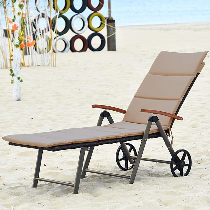 COSTWAY Folding Rattan Lounge with Wheels, Aluminum Patio Lounger with 7 Adjustable Positions, Soft Cushion - Photo 2