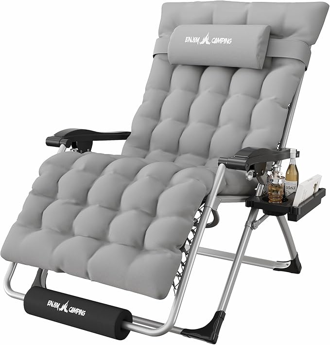 Amopatio Oversized Zero Gravity Padded Chair w/Removable Cushion&Headrest, XXL 33In Reclining Camping Lounge Chair Upgraded Lock and Footrest, Folding Patio Recliner for Indoor Outdoor, Grey