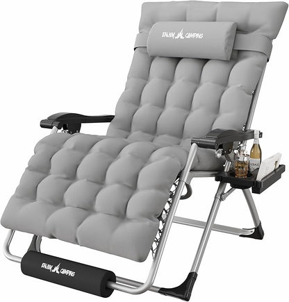 Amopatio Oversized Zero Gravity Padded Chair w/Removable Cushion&Headrest, XXL 33In Reclining Camping Lounge Chair Upgraded Lock and Footrest, Folding Patio Recliner for Indoor Outdoor, Grey
