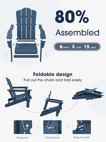 KINGYES Folding Adirondack Chair Set of 2, HDPE All-Weather Adirondack Chair, Navy