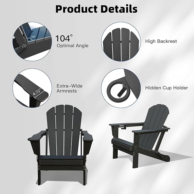 Domi Folding Adirondack Chairs Set of 4, HDPE All-Weather Outdoor Chairs with Cup Holder, Wooden Textured Fire Pit Chairs for Backyard, Patio, Poolside & Deck, Black