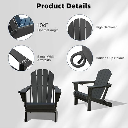 Domi Folding Adirondack Chairs Set of 2, HDPE All-Weather Outdoor Chairs with Cup Holder, Wooden Textured Fire Pit Chairs for Backyard, Patio, Poolside & Deck, Black