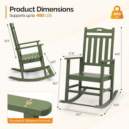 VINGLI Outdoor Rocking Chair with Footrest, Wooden Rocking Chair with 450 LBS Weight Capacity, Patio Rocker with Comfortable Backrest for Garden, Yard (Dark Green, 2PCS)
