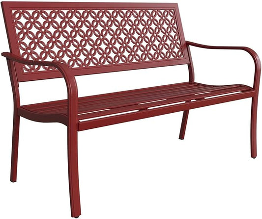 Grand patio Garden Bench, Outdoor Benches with Anti-Rust Metal Powder Coated Frame, Patio Bench for Front Porch Park Outside Furniture Decor, Cherry Red