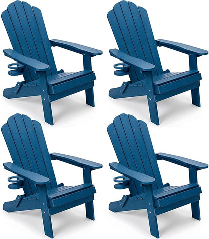 JEKO&JEKO Folding Adirondack Chairs Set of 4, All-Weather Outdoor Chair with Cup Holder, Plastic Adirondack Chair for Patio, Garden, Lawn, Porch, Deck, Backyard – Navy Blue