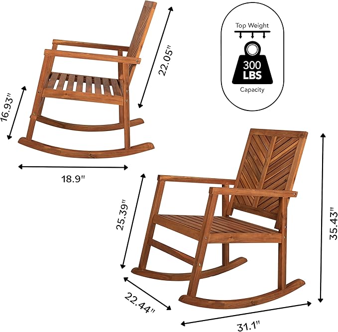 Eyely KCR100A Ted Modern Chevron-Back 300-Lbs Support Acacia Wood Patio Outdoor Rocking Chair for Garden, Lawn, Backyard, Pool, Deck, Beach, Firepit, Teak