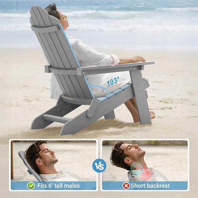 MXIMU Folding Adirondack Chair Weather Resistant Plastic Fire Pit Chairs Adorondic Plastic Outdoor Chairs for Firepit Area Seating Lifetime - Grey