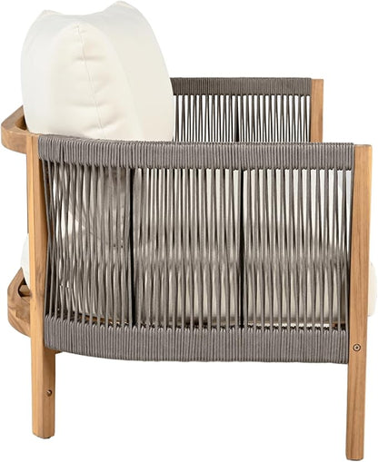 Christopher Knight Home Havets 77"W Outdoor 3 Seater Sofa, 6" Thick Cushion Couch, Acacia Wood Bench Sofa, Comfy Woven Rope Armchair, Spacious Seating Bench Couch for Backyard Garden Porch, Gray+Beige
