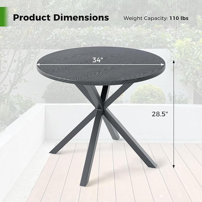 Tangkula 34-Inch Metal Round Patio Dining Table for 4, Heavy Duty Outdoor Metal Frame Dinner Table with Wood-Like Top & X-Shaped Legs, Outside Bistro Table for Deck, Balcony, Backyard, Lawn & Garden