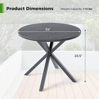 Tangkula 34-Inch Metal Round Patio Dining Table for 4, Heavy Duty Outdoor Metal Frame Dinner Table with Wood-Like Top & X-Shaped Legs, Outside Bistro Table for Deck, Balcony, Backyard, Lawn & Garden
