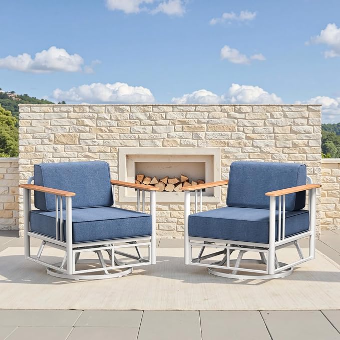 6-inch Thick Cushion Outdoor Furniture Set, 2-Piece Swivel Chair Set, PE Material, with Wood Grain armrests and trapezoidal backrest, Suitable for Indoor and Outdoor Balcony Seating, White | Blue