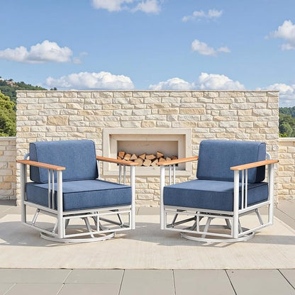 6-inch Thick Cushion Outdoor Furniture Set, 2-Piece Swivel Chair Set, PE Material, with Wood Grain armrests and trapezoidal backrest, Suitable for Indoor and Outdoor Balcony Seating, White | Blue