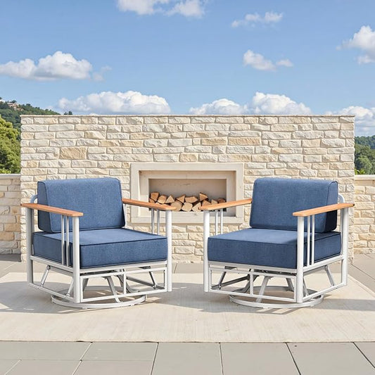 6-inch Thick Cushion Outdoor Furniture Set, 2-Piece Swivel Chair Set, PE Material, with Wood Grain armrests and trapezoidal backrest, Suitable for Indoor and Outdoor Balcony Seating, White | Blue
