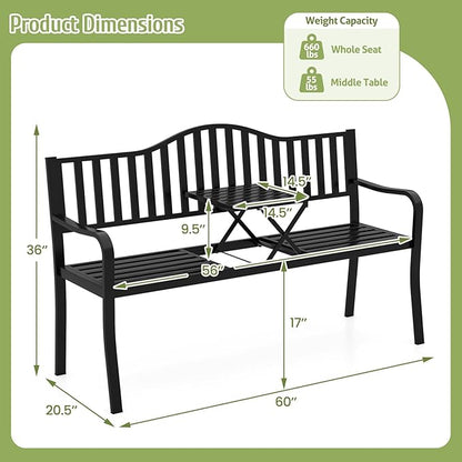 Tangkula 60” Metal Outdoor Garden Park Bench, Heavy-Duty Patio Loveseat Armchair with Pull-Out Center Table, 2-3 Person Park-Style Chair for Backyard, Garden, Balcony, 660 lbs Max Load