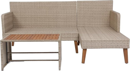 Quarte 3 Piece Outdoor Patio Wicker Sectional Sofa,L-Shaped Seating Group Conversation Sets with Acacia Wood Table for Porch Lawn Garden Backyard Poolside