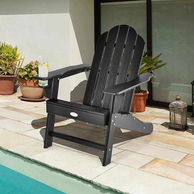 Tangkula Adirondack Chair Outdoor, Fade Resistant HDPE Armchairs with Cup Holder, Weather Resistant Lounger Chairs for Patio Garden Backyard Deck, Lawn Porch Seating, Adirondack Lounger (4, Black)