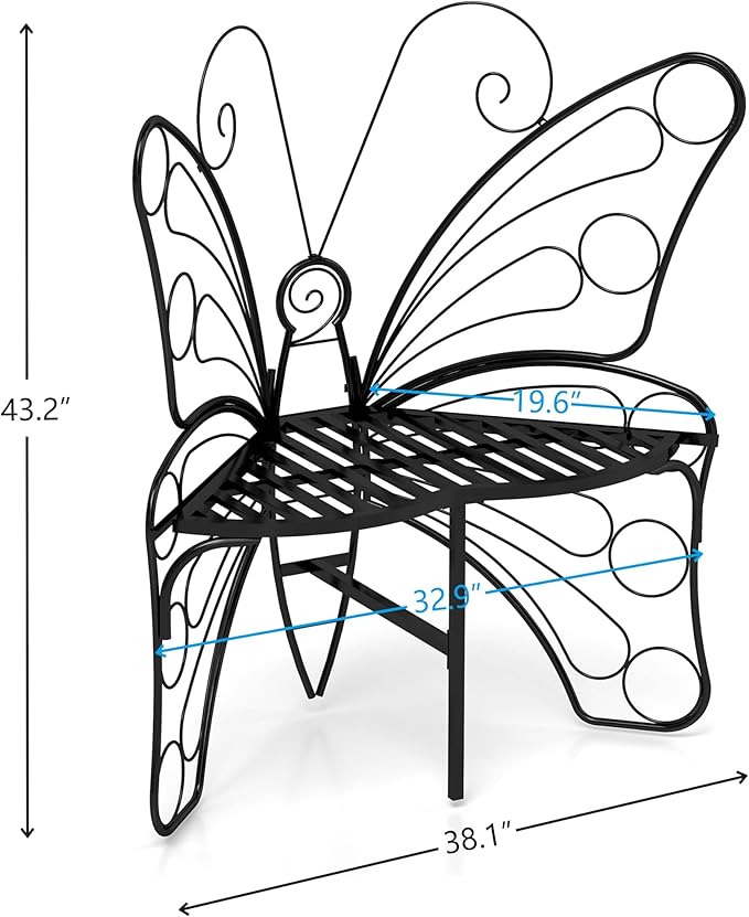 Pink Butterfly Benches Outdoors, Pretty Garden Bench & Cute Metal Outside Bench, Front Porch Benches Outdoor with Sturdy Frame for Lawn Yard Balcony (Black 1)