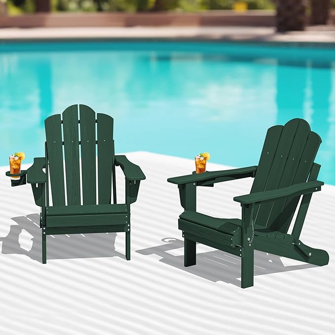 KINGYES Folding Adjustable Adirondack Chairs Set of 2, HDPE All Weather Use Reclining Adirondack Chair, Outdoor Adirondack Chair - Green