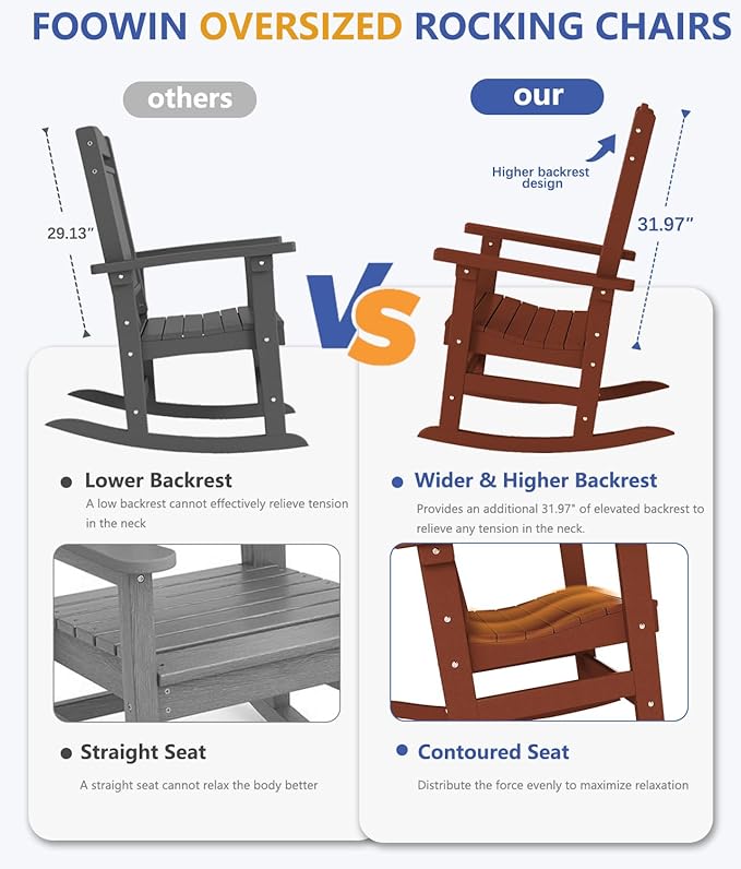 FOOWIN Outdoor Rocking Chair Set of 8, High Back Patio Rocking Chair, HDPE All Weather Resistant Porch Rocker for Adult, Oversized Rocking Chairs for Garden, Lawn, Indoor & Outdoor Use, Dark Red