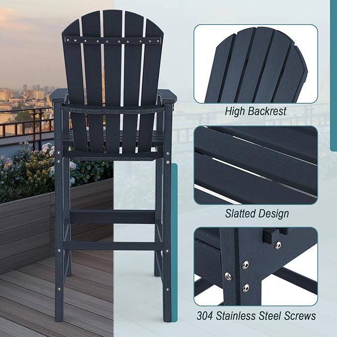 Giantex Set of 2 HDPE Outdoor Bar Stools, All Weather Tall Adirondack Chair with Armrest, Footrest, Load 360Lbs, 30-Inch Counter Height Bar Stool for Patio, Garden, Yard, Indoor Or Outdoor Use (Navy)