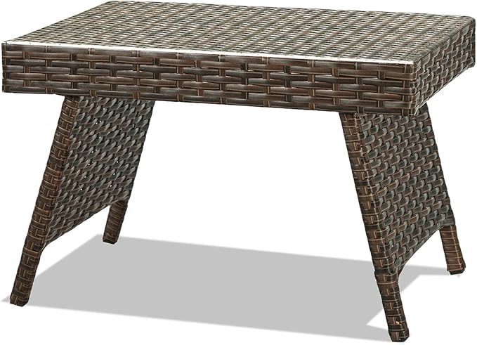 RELAX4LIFE Patio Rattan Side Table - Folding Coffee Table with Premium Brown PE Wicker & High-Duty Steel Frame, Outdoor Beside Table for Garden, Courtyard, Poolside (Brown)