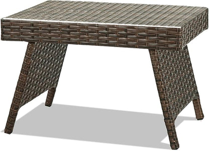 RELAX4LIFE Patio Rattan Side Table - Folding Coffee Table with Premium Brown PE Wicker & High-Duty Steel Frame, Outdoor Beside Table for Garden, Courtyard, Poolside (Brown)