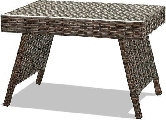 RELAX4LIFE Patio Rattan Side Table - Folding Coffee Table with Premium Brown PE Wicker & High-Duty Steel Frame, Outdoor Beside Table for Garden, Courtyard, Poolside (Brown)