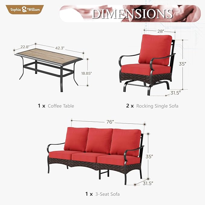 Sophia & William Patio Furniture Set, 4 Piece Metal Outdoor Conversation Set with 3-Seater Outdoor Couch, 2 Sofa Chairs - Photo 7