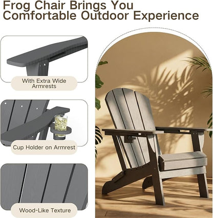 Kingdura Folding Adirondack Chairs Set of 2, Portable HDPE Outdoor Patio Chair with Wooden Textured & Cup Holder, Weather Resistant, 380LBS Capacity for Pool, Backyard, Balcony, Fire Pit (Grey)