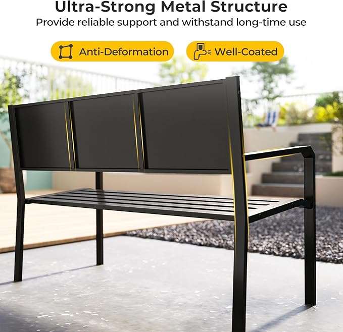 Tangkula 50" Metal Patio Park Bench, Modern Outdoor Classic Slatted Loveseat for 2-3 People with Curved Seat & Mosaic Backrest, Heavy-Duty Outdoor Seating for Backyard, Poolside, Porch