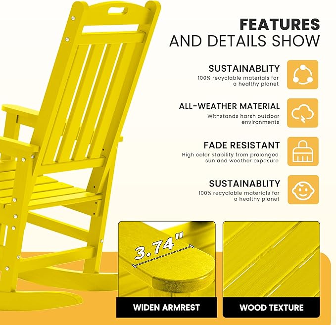 LOUNZY Outdoor Rocking Chair, HDPE Patio Rocking Chair with Footboard for Adults, All Weather Heavy Duty Front Porch Rocker, Yellow
